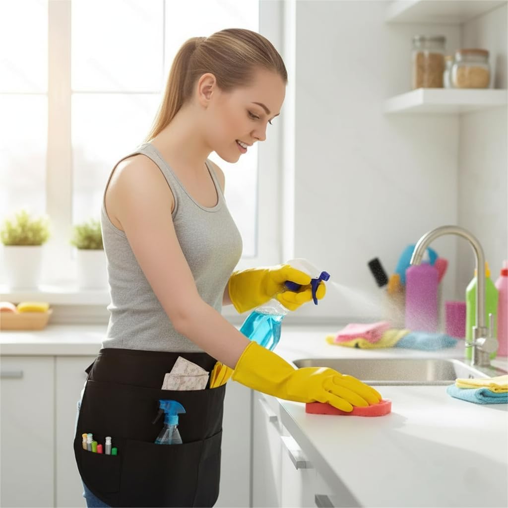 Professional Cleaning Apron with Multiple Pockets, Made for Pro Cleaners, Cleaning Supplies for Housekeepers, Half Apron with Adjustable Belt for Waitress, Waiter, Women, Men