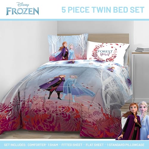 Image of Disney Frozen 2 Forest Spirit 5 Piece Twin Bed Set - Includes Reversible Comforter & Sheet Set - Bedding Features Elsa & Anna - Super Soft Fade Resistant Microfiber - (Official Disney Product)