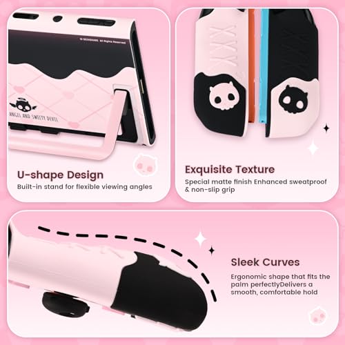 Image of Geekshare Protective Case Set Compatible with switch 2, PC Back Plate with Silicone Joysticks Covers, Includes 2 Thumb Grips, Waterproof Protection - Sweetheart Skull (Black & Pink)