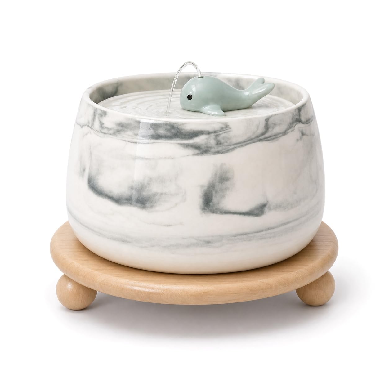 Fontaine à Eau pour Chat en Céramique 1,8 L - sans BPA, Pompe Ultra-Silencieuse 25 DB, Socle en Bois Décoratif, Filtre Inclus - Fontaine Chat Silencieuse Design - Finition Marbre