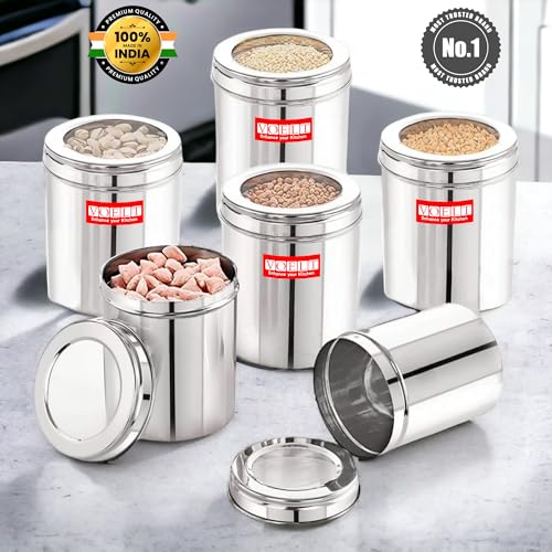 Image of Stainless Steel Food Storage Containers | Air Tight Stainless Steel Containers | Grocery Containers for Kitchen | See-Through Lids | Ubha Dabba | Canisters | Silver (6 Pcs (1 Kg))