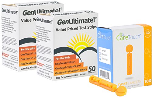 GenUltimate Blood Glucose Test Strips 100 Count for Use with One Touch Ultra, Ultra 2 and Ultra Mini Meter, (2x50) Strips with 100 Lancets by Care Touch