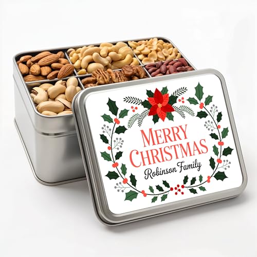 Personalized Nuts Gift Basket, Custom Assorted Nuts Gift Box for Christmas, 6 Sectional Gourmet Mixed Nuts in Rectangle Tin, 2 lbs. (Design 7)