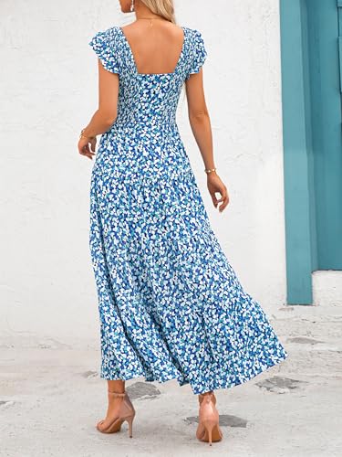 Mascomoda Womens Long Summer Maxi Dresses Causal V Neck Short Sleeve Smocked Floral Dress Tiered Beach Party Sundress thumb #4