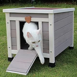 Cat House Outside, Weatherproof Rabbit Hutch Small, Wooden Small Pet House and Habitats (Grey)