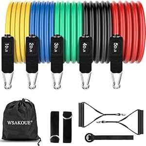 WSAKOUE Resistance Bands Set, Exercise Bands, Workout Bands for Men & Women, 5 Level Fitness Bands, Handles Door Anchor Ankle Straps and Carry Bag for Home Outdoor Workouts