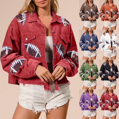 HGps8w Sequin Football Corduroy Jacket for Women Chic Cropped Button Down Casual Long Sleeve Lapel Streetwear Outerwear2