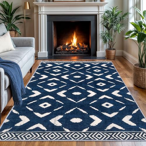 KILOCOCO Area Rug 4'x6' Entryway Rug Washable Bedroom Rug Non Slip Printed Boho Rubber Backed Low-Pile Soft Rugs for Kitchen Living Room Dining Geometric Moroccan Carpet, Blue