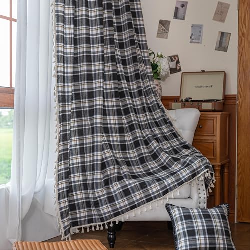 Erbnaryx Plaid Curtains 96 Inch Length, Light Filtering Window Drapes with Rod Pocket and Handmade Tassels, 2 Panels, Tartan Curtains for Living Room Bedroom,Black White