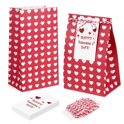 Fowecelt 24Pcs Valentines Day Gift Bags for Kids Red Party Favors Bags Goodie Snack Candy Paper Treat Bag with Cards for Valentines Party Favors...