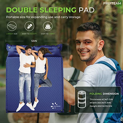 Image of FRUITEAM Double Sleeping Pad for Camping, Self Inflating Camping Pad, Camping Air Mattress, 2 Person Camping Mat with Pillow, Inflatable Foam Camping Pad for Backpacking, Hiking, Navy