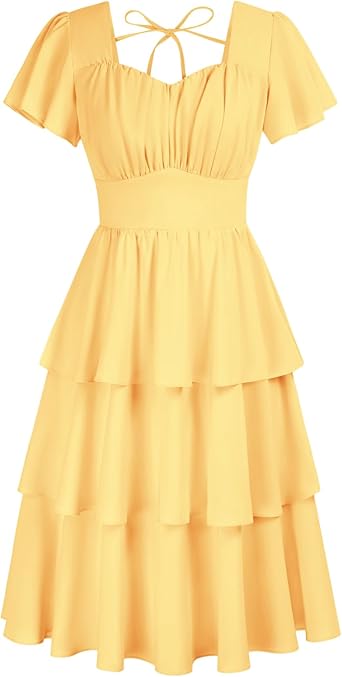 Belle Poque Women s Square Neck Tiered Ruffle Dress 2025 Summer Vintage Short Sleeve Layered A-line Swing Midi Dress