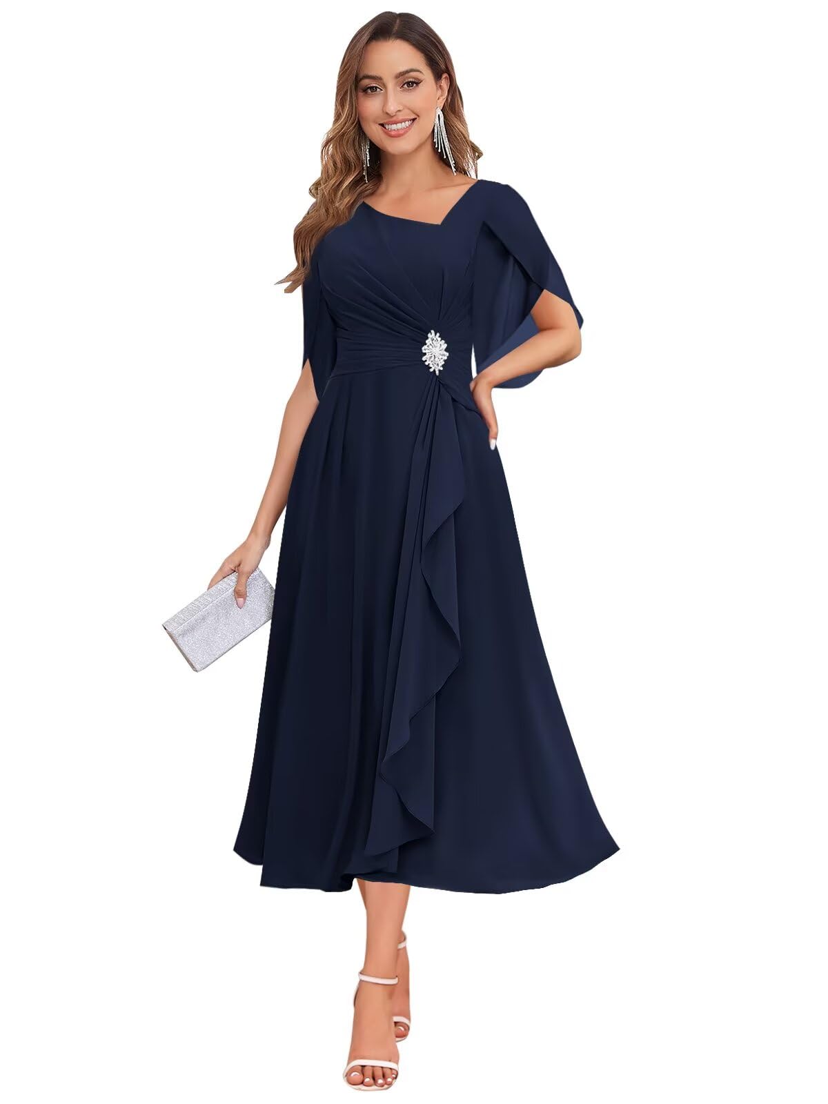 HANVAIOS Tea Length Mother of The Bride Dresses for Women Chiffon Formal Wedding Guest Dress with Sleeves