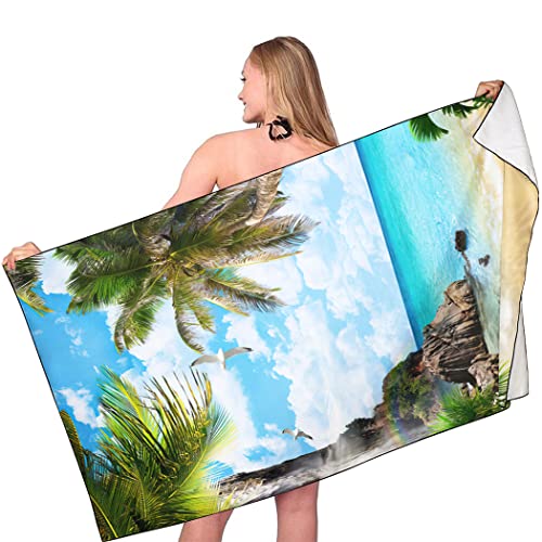 Sxchen Beach Towel Oversized 36"X72" Thin Lightweight Extra Large Absorbent Quick Dry Sand Free Plush Cool Hawaiian Print Summer Romantic Coconut Palm Leaf Nature Coast Sea View Seagull #TOP1