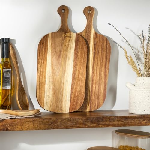 OHS Acacia Wood Chopping Board, Set of 2 Wooden Cutting Board with Handle Charcuterie Cheese Boards Chopping Meat Vegetables Bread Meal Prep Pizza Serving Boards, Natural