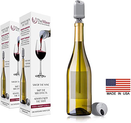 El filtro y el aireador PureWine Wave Wine | No más dolores de cabeza por el vino | Elimina sulfitos e histaminas | By-The-Bottle (paquete de 2)