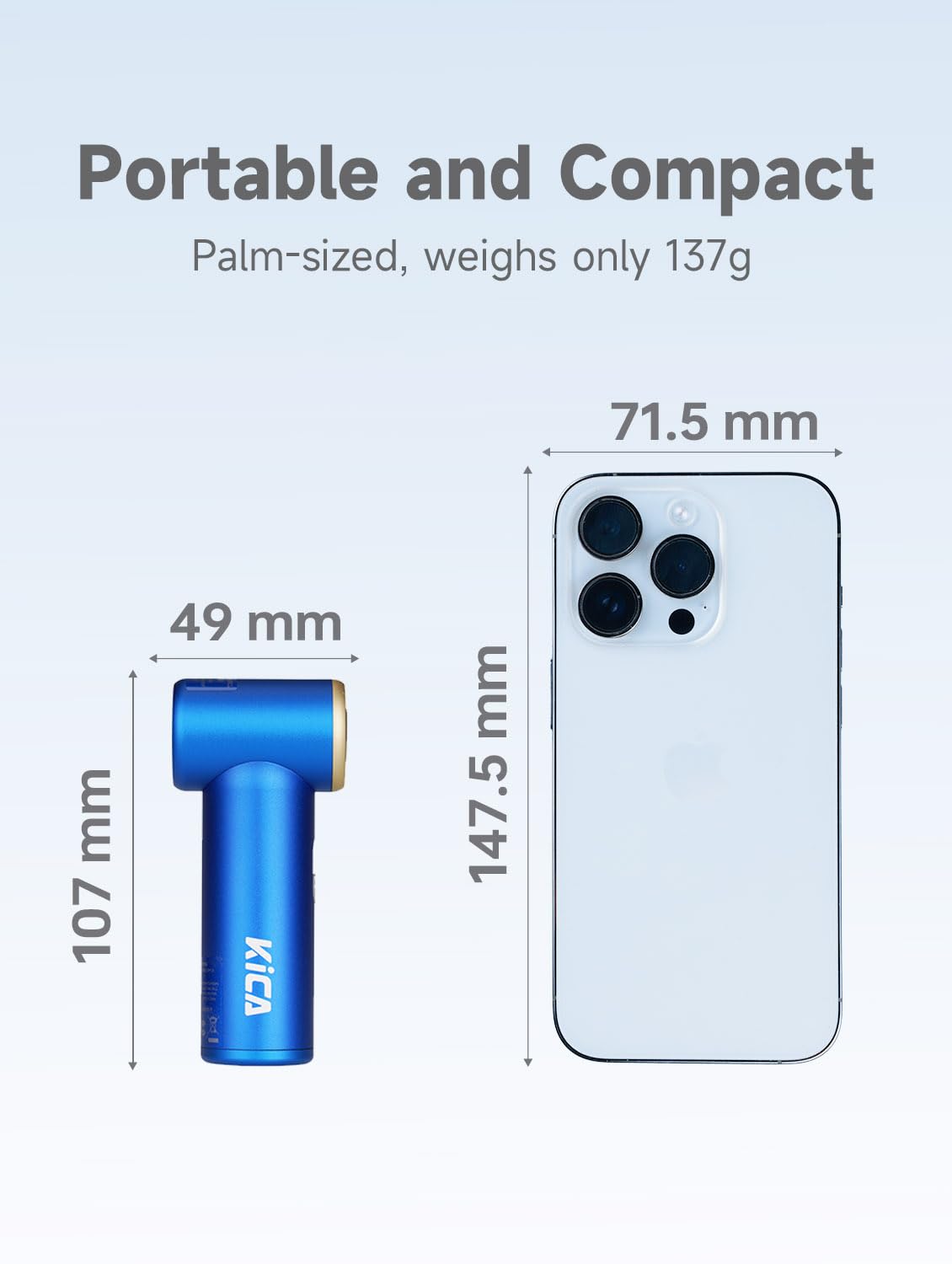Kica Jetfan Mini Ventilatore Portatile,Ventilatore da Tavolo Silenzioso Ricaricabile Tramite USB,Ventilatore 3000mAh batteria[14ore di lavoro],Velocità regolabile liberamente,Scocca in metallo,Blu