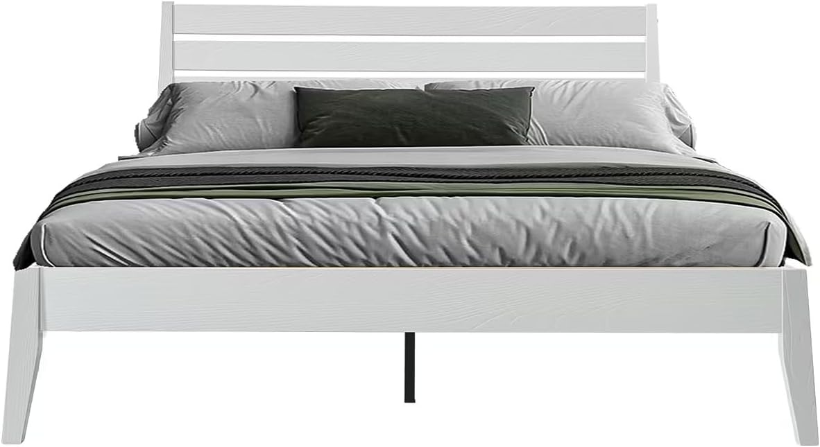 Queen Size Platform Bed Frame with Solid Wood Headboard & Footboard, Center Metal Legs, 12 Heavy-Duty Slatted Base, Anti-Noise & Slip Free, No Box Spring Needed, Pure White Finish. RKQ-39