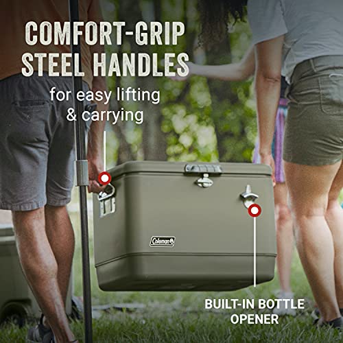 Image of Coleman Reunion Premium Portable Cooler 54qt Steel Belted Leak-Resistant Heavy-Duty Latch Handles & Drain Built-in Bottle Opener Perfect for Camping Tailgating Beach & Picnic