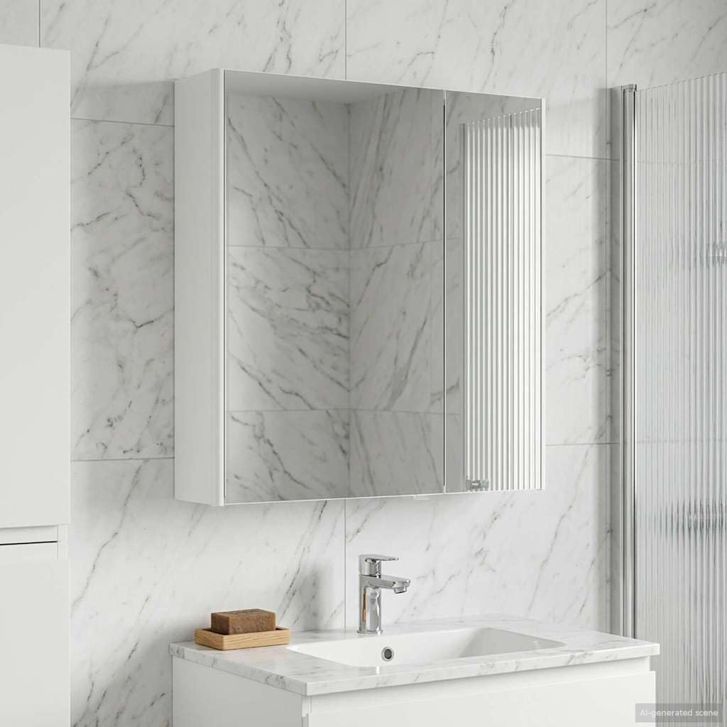 Szafka łazienkowa z lustrem biała z materiału drewnopochodnego 63,5 x 15,5 x 70 cm z oświetleniem LED, montaż na ścianie, schowek, regulowane regały, dwustronne lustro do łazienki i łazienki