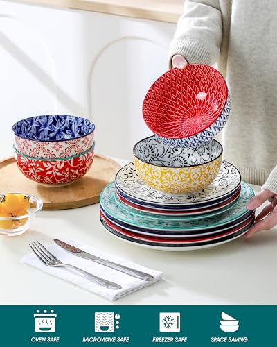 Image of vancasso SELENE Plates and Bowls Set for 4, 12 Pieces Dinnerware Sets, Mircowave and Dishwasher Safe Dishes Set, Porcelain Muted Dinnerware