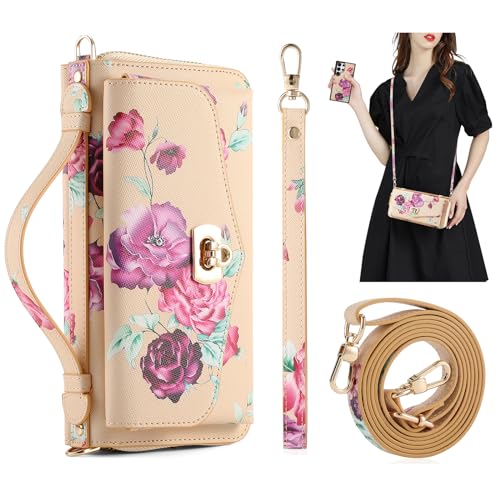 REEGINCH Crossbody Wallet Case for Samsung Galaxy S25 Ultra, Magnetic Detachable Floral PU Leather Phone Case RFID Blocking Card Holder Wristlet Mirror Flip Zipper Shoulder Purse Bag for Women, Gold