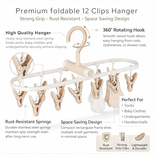 Image of Cloth Drying Hanger 12 Clips,360 Degree Portable and Foldable Clips,Baby Clothes, Clothes Drying Stand,Indoor Clothes, Space Saving, Travel Safe