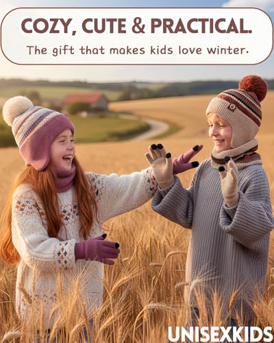 Image of Kids Winter Hat Gloves Scarf Set,Beanies with Earflap Pompom Neck Warmer Touchscreen Gloves Fleece Lined for Boys Girls 4-10Y