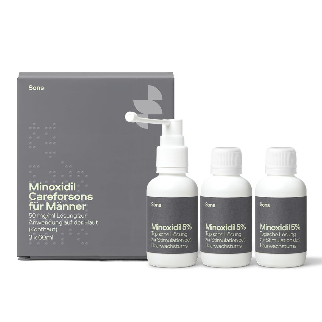 Sons Minoxidil 5% Lösung (3x60ml) für Männer bei Haarausfall, Klinisch bewährte Behandlung, fördert Haarwachstum & Haarverdichtung, Stimuliert Follikel, mit präzisem Pumpspender, 3 Monate