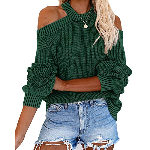 Exlura Women's Casual Off Shoulder Sweaters Halter Neck Long Lantern Sleeve Backless Knit Pullover Jumper Dark Green
