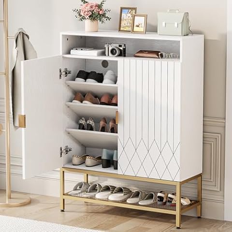 ALLSTAND 7-Tier Shoe Storage Cabinet, Shoe Rack Organizer Cabinet with Adjustable Shelves & Buffer Hinge, Freestanding Shoe Cabinet Storage with Anti-tip Fitting for Entryway, Hallway (White) Cover