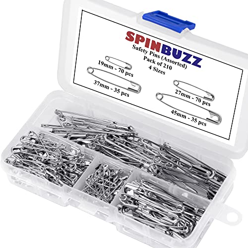 SPINBUZZ Safety Pins 4 Sizes Pack of 210 Nickle Plated Rust Resistant Steel Strong Quality Pins For Clothing Arts & Crafts Sewing and Pinning