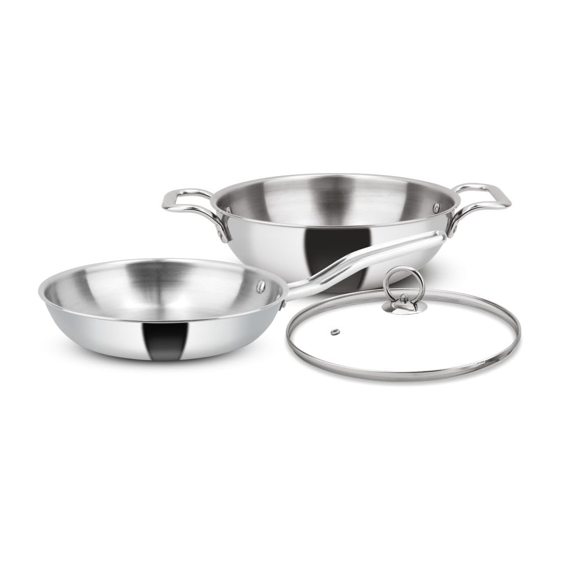 Orange Stainless Steel Triply 3 pc Combo Cookware Set | (Kadai 3ltr, 24cm) & (Fry pan 1.5ltr, 22cm) with Glass lid | Induction Friendly | 2.5mm Thickness | 5Year Warranty | Silver