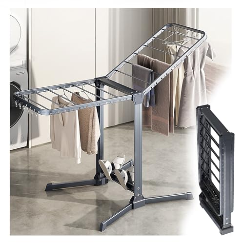 Foldable large capacity Large Foldaway Clothes Drying Rack with Height Adjustable Wings - Free Standing Laundry Rack for Bedroom Bay Window Drying, Sock Clips and Windproof Hooks I