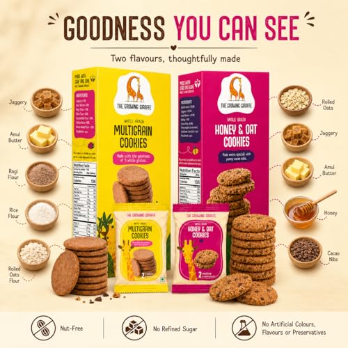 Image of The Growing Giraffe Honey & Oat and Multigrain Cookie Combo- Whole Grain, No Refined Sugar, No Maida, No palm oil, Nut-Free, Healthy Biscuits with jaggery and butter for Kids & Grown-Up Adults - Pack of 2