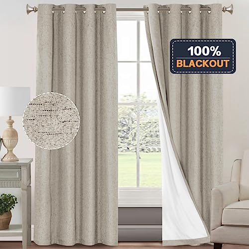 Image of PrinceDeco 100% Blackout Curtains for Bedroom Linen Textured Curtain Panels 84 inches Long Energy Smart & Noise Reducing Blackout Drapes for Living Room Burlap Fabric with White Liner(2 Panels, Stone)