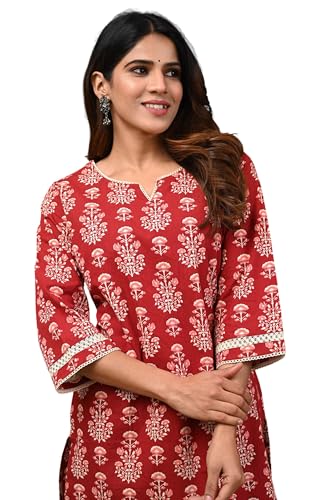 Image of Rimeline Women's Floral Printed Cotton Kurti Top | Round Notch Neck 3 /4 Sleeve Straight Fit Casual Tunic