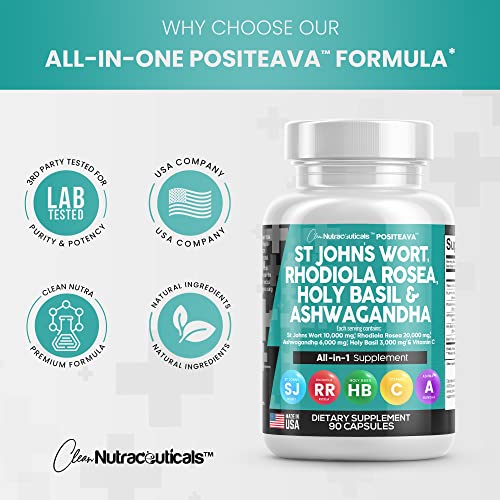 Clean Nutraceuticals St Johns Wort 10000mg Rhodiola Rosea 20000mg Holy Basil 3000mg Ashwagandha 6000mg - Mood Support for Women and Men with Vitamin C & Black Pepper Extract - Made in USA 90 Caps - Image 6