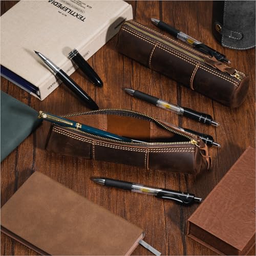 Image of ECHSRT Genuine Leather Pencil Pouch for Adults, Slim Cylinder Case, Coffee | Full-Grain Cowhide Leather, Crazy Horse Finish, Slim Cylinder Design, Single Zipper, Vintage Pen Organizer for Adults