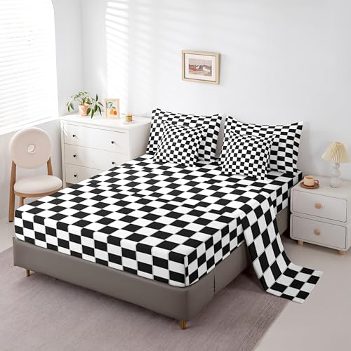 Image of Erosebridal 7 Piece Black Grid Full Comforter Set with Sheets Black and White Checkered Bedding Set Reversible Farmhouse Buffalo Plaid Bed in A Bag for Kids Boys Teen Bedroom,Gingham Bed Sets