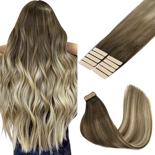 GOO GOO Extensiones Adhesivas Pelo Natural, 40cm 10pcs 25g Marrón Nogal a Castaño Ceniza y Rubio Blanquecino Extensiones de cabello, Remy Extensiones de Cabello Natural Humano Auténtico