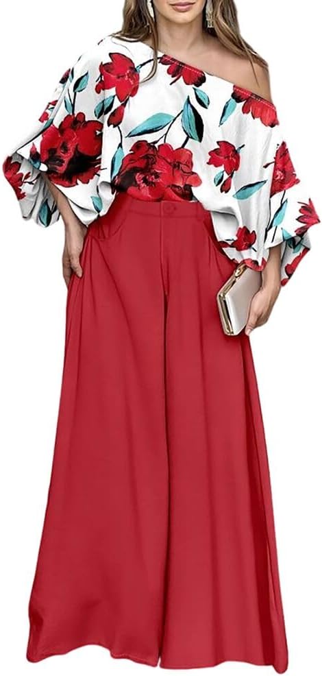CHICME Women Summer 2 Piece Outfits Off Shoulder Lantern Sleeve Top Flowy Wide Leg Pants Set