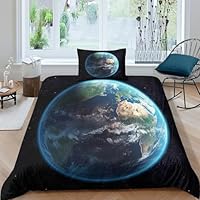 Earth 3D Printed Duvet Cover with Pillowcases Space Theme Bedding Set with Zipper Closure Hypoallergenic Soft Microfiber Quilt Cover Set Single（135x200cm）