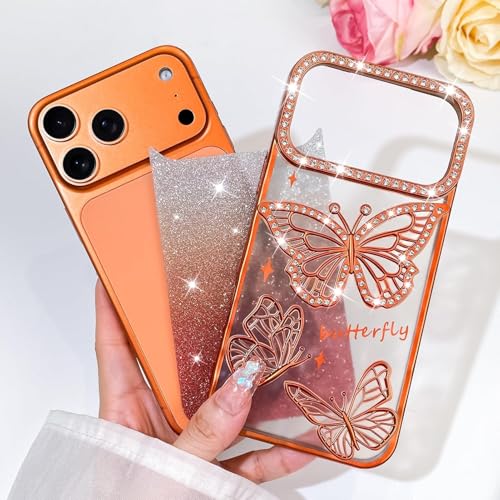 Image of VONZEE Electroplated Butterfly Case Compatible with iPhone 17 Pro Max, Pearlescent Diamond Sparkle Soft TPU Cover, Shockproof Drop Protection, Camera Lens Guard Phone Case for Women & Girls, Pink