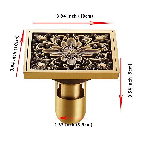 4 Inch Square Antique Brass Floor Drain with Removable Cover Waste Water Strainer for Bathroom, Kitchen, Veranda and Public Drain Area