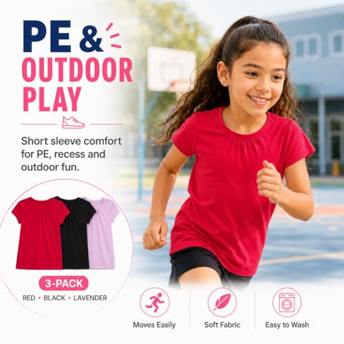 Image of Bienzoe Plain Solid Girls T-Shirts: School Basic Tee 3-Pack | Short Sleeve, Ages 4-13, PE, Recess, Outdoor Play, Soft Cotton Blend, Breathable Quick-Dry, Easy Care, Easy to Mix and Match