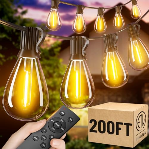 Amzrap 200FT Outdoor String Lights with Remote, Waterproof Patio Lights with 72+2 Shatterproof LED Bulbs, 2700K Dimmable Waterproof Hanging Decor for Backyard Garden Porch Bistro, Timer & 3 Modes