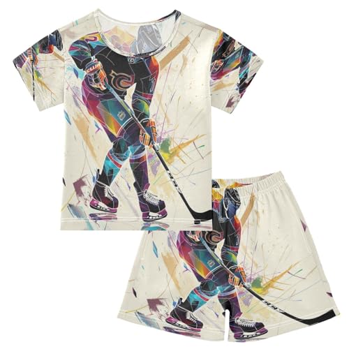 ALAZA Ice Hockey Player Stylish Pajamas Set Short Sleeve Cotton Sleepwear Summer Pjs 2 Piece 5-14Y