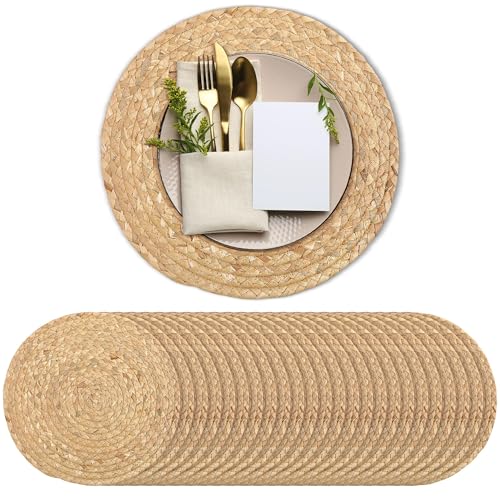 Image of Kochorie Set of 24 Round Woven Placemats 12-Inch Natural Water Hyacinth Plant Placemats Hand-Woven Boho Rattan Placemat Wicker Weave Table Mats for Home Dinner Plates Holiday Supplies