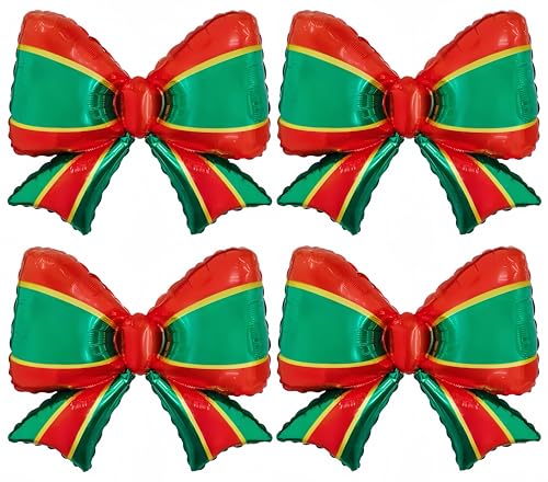 4 Pcs 27" Red & Green Bow Foil Balloons, Christmas Party Decorations, Holiday Winter Big Bow Balloons for Xmas Tree, Gift Wrapping, Festive Birthday & Seasonal Celebrations (Green Red)